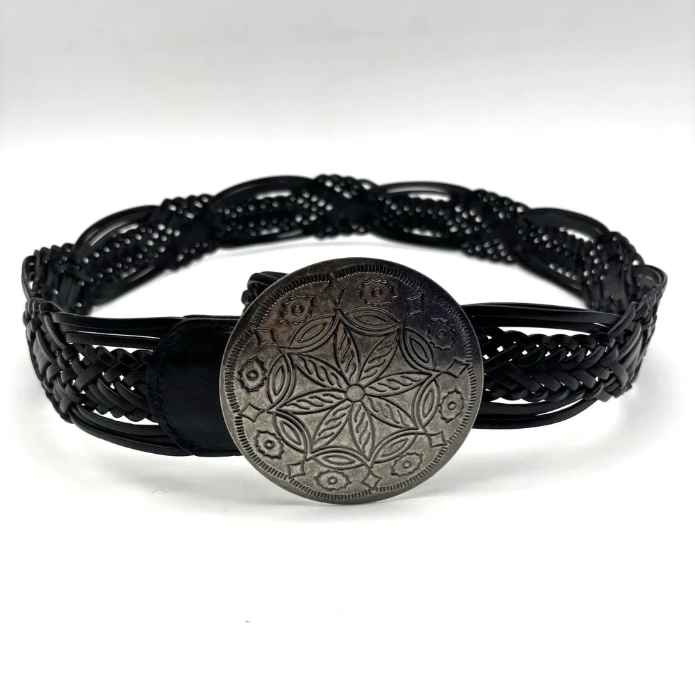 Vintage Y2K New York & Co Black Braided Leather Medallion Buckle Wide Belt M 34